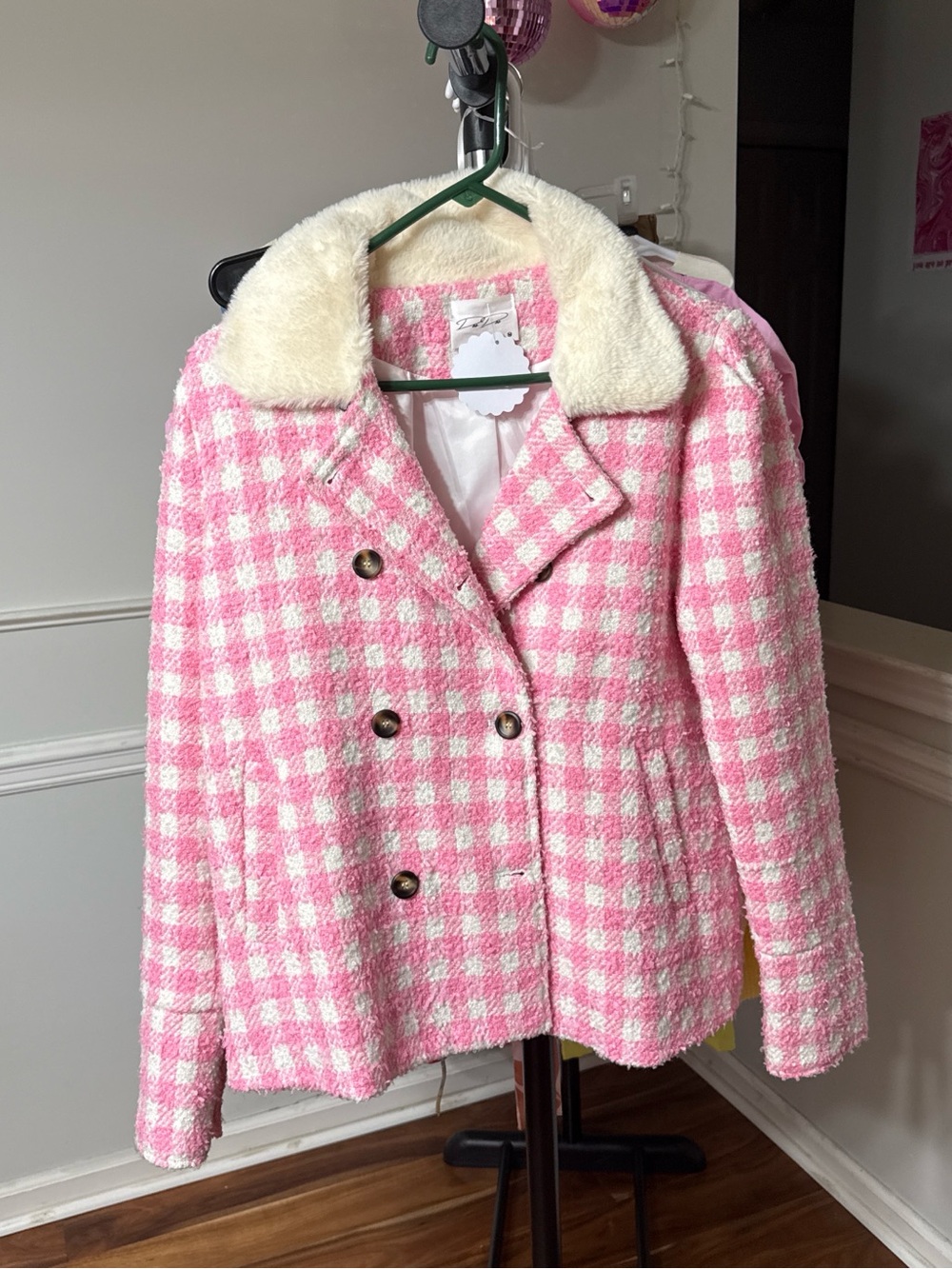 Pink & Cream Gingham Double-Breasted Pea Coat with Faux-Shearling Collar